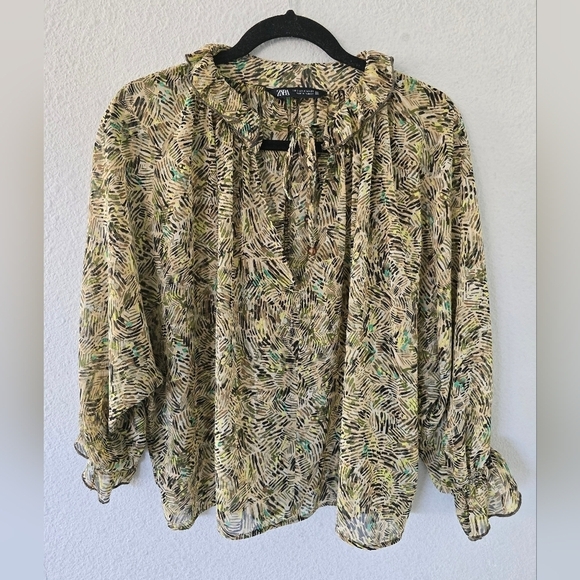 Zara Woman Blouse Sz S Tie Front Ruffles Sheer Flare Sleeves Tassel Flowy - Picture 3 of 11